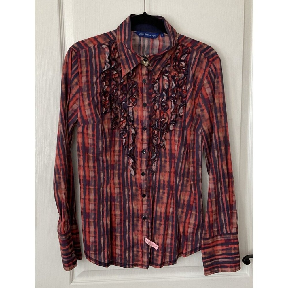 Georg Roth Los Angeles Button Down M Plaid Ruffle Front Shirt Pink Yellow Orange